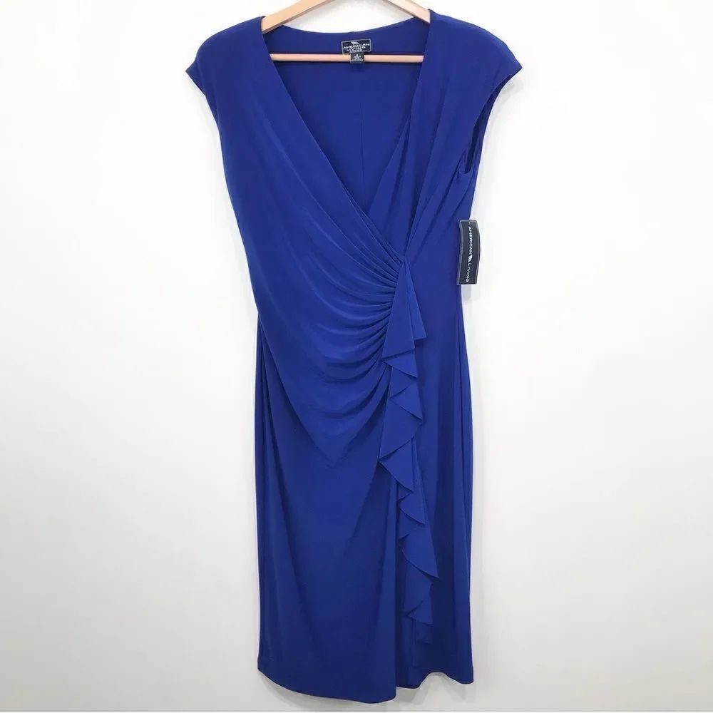 American Living Cobalt Blue Ruched Ruffle V Neck Sleeveless Stretch Drape Dress